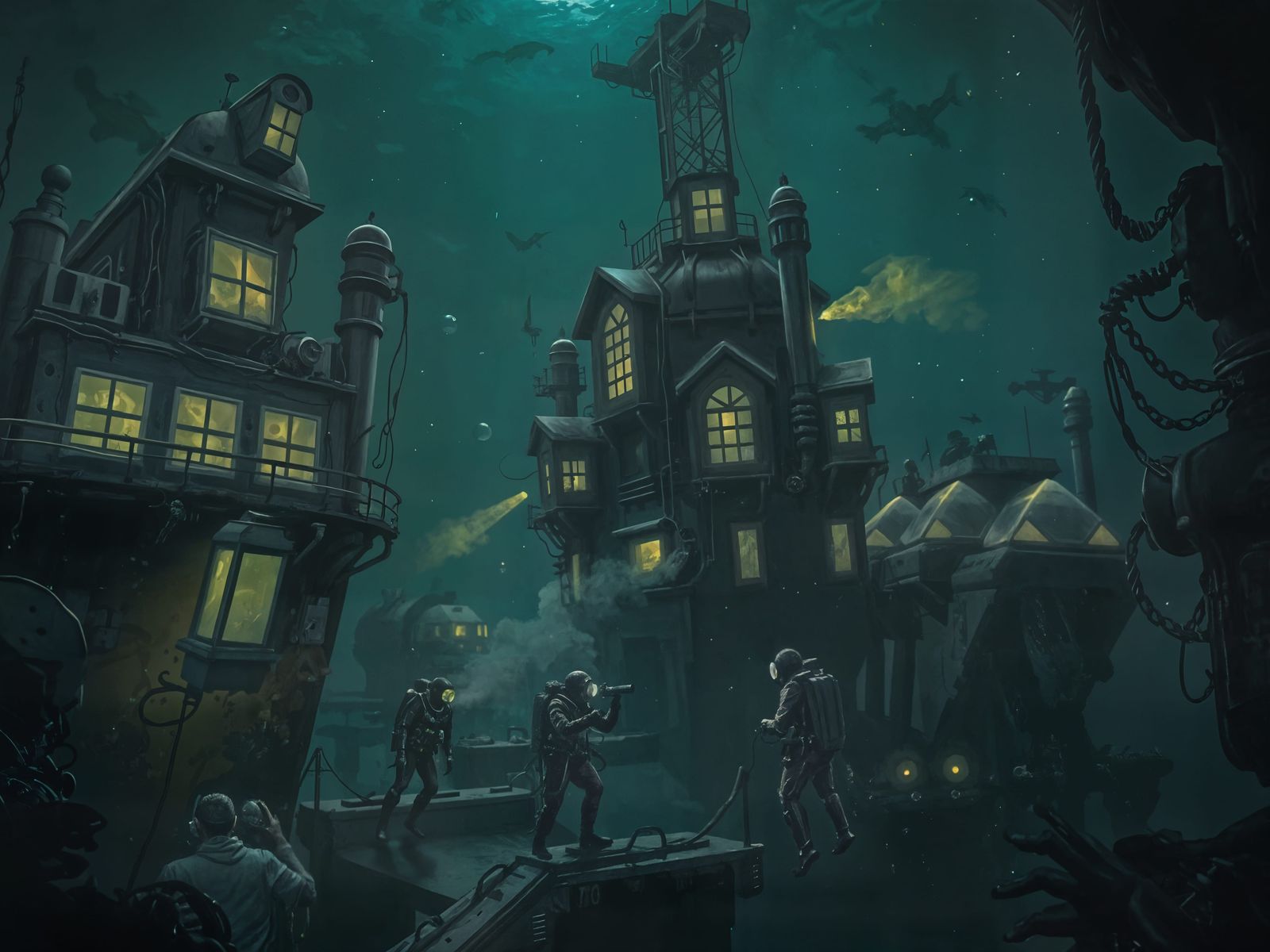 Ominous Submerged Dystopian City in Watercolor Illustration