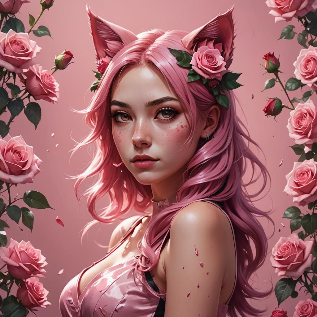 Hyperrealistic Pink-Haired Girl with Roses and Cat Ears