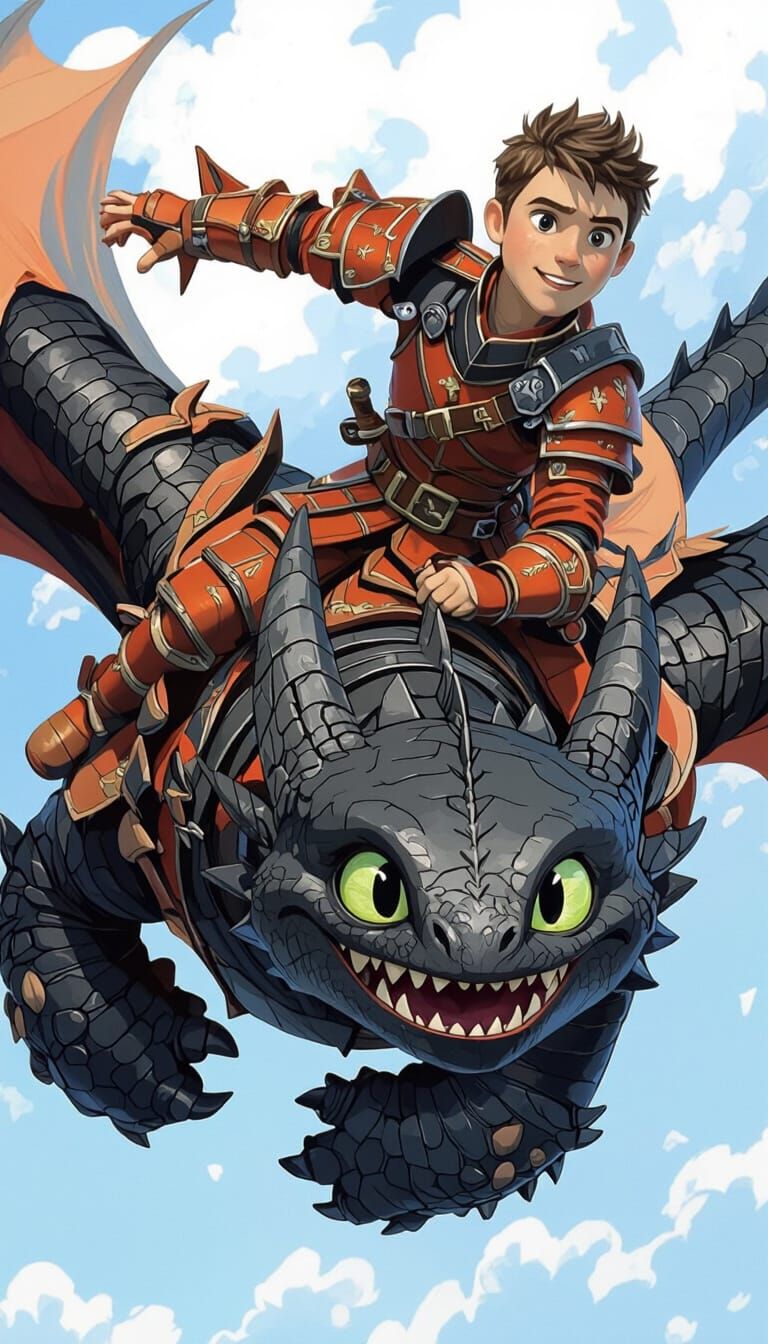 Boy in Armor Rides Dragon in Animated Style