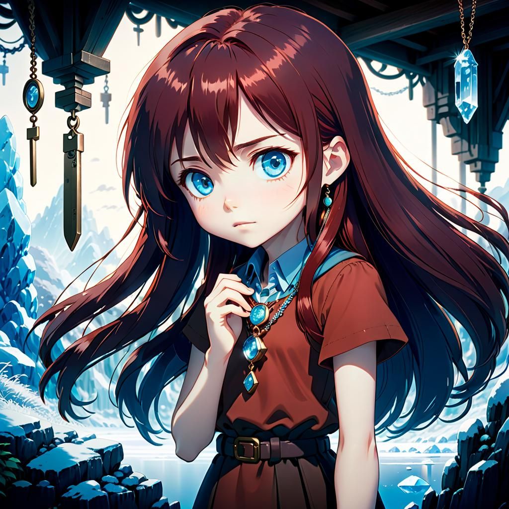 Chibi Woman Examines Necklace in Anime Style