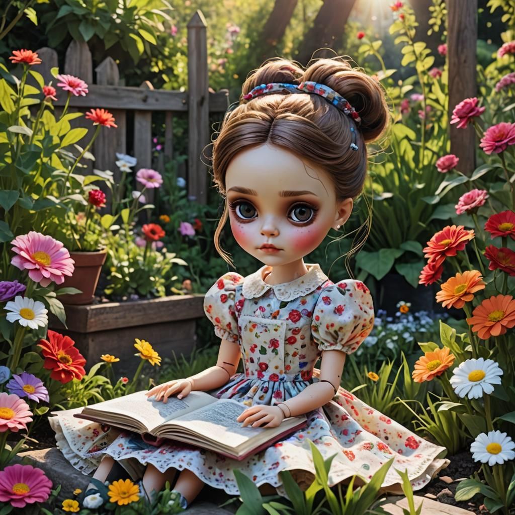 Charming Horror Bookworm in Whimsical Garden Scene