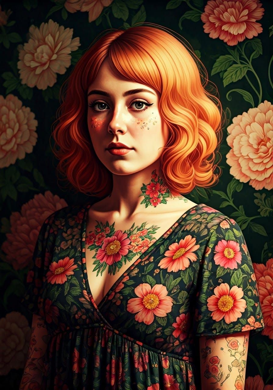 Woman in Vibrant Floral Dress, Lost in Thought, Pop Art Mosa...