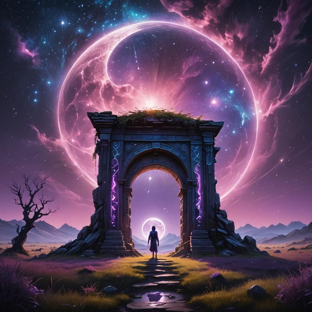 Cosmic Fantasy Art: Figure Before Starry Portal