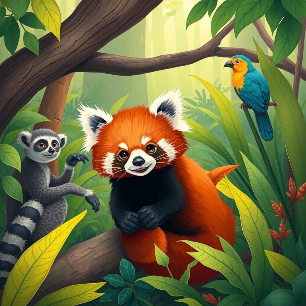 Whimsical Jungle Friends Gather with Red Panda