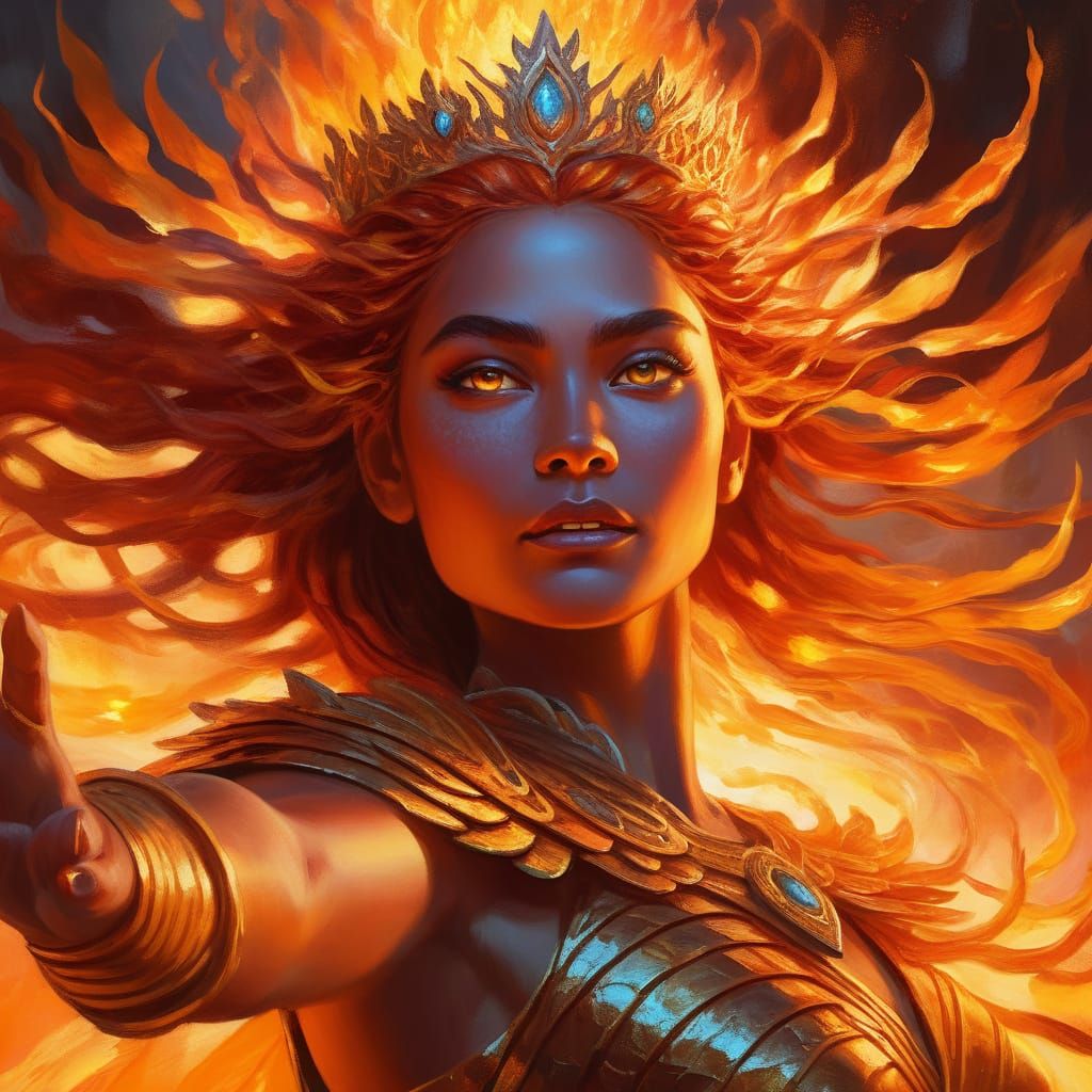 Fierce Fire Goddess in Vibrant Oil Painting
