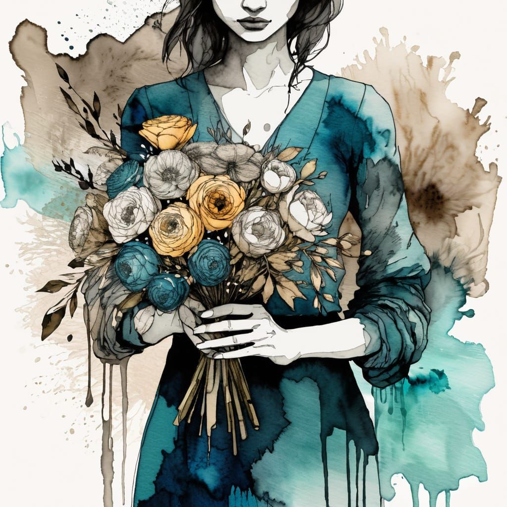 Girl Holding Bouquet in Weathered Ink Style