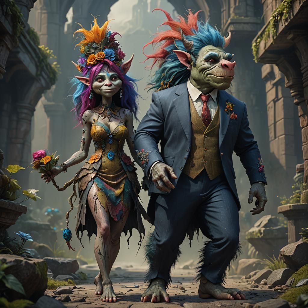 Troll Couple in Suits and Dresses, Detailed Fantasy Art
