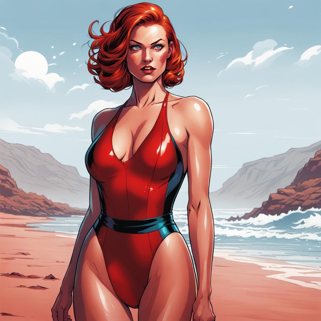 Redhead Woman in Red Swimsuit, Comic Book Art