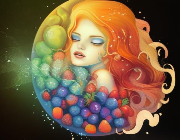 Fruit Elemental Woman with Colorful Liquid Hair