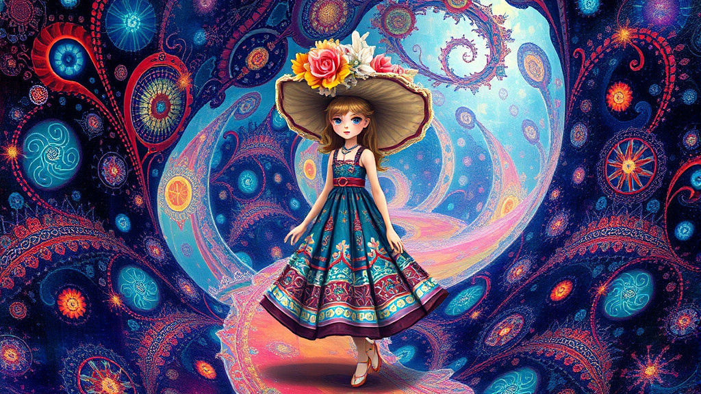 Dreamy Girl on Fractal Path in Art Nouveau Style