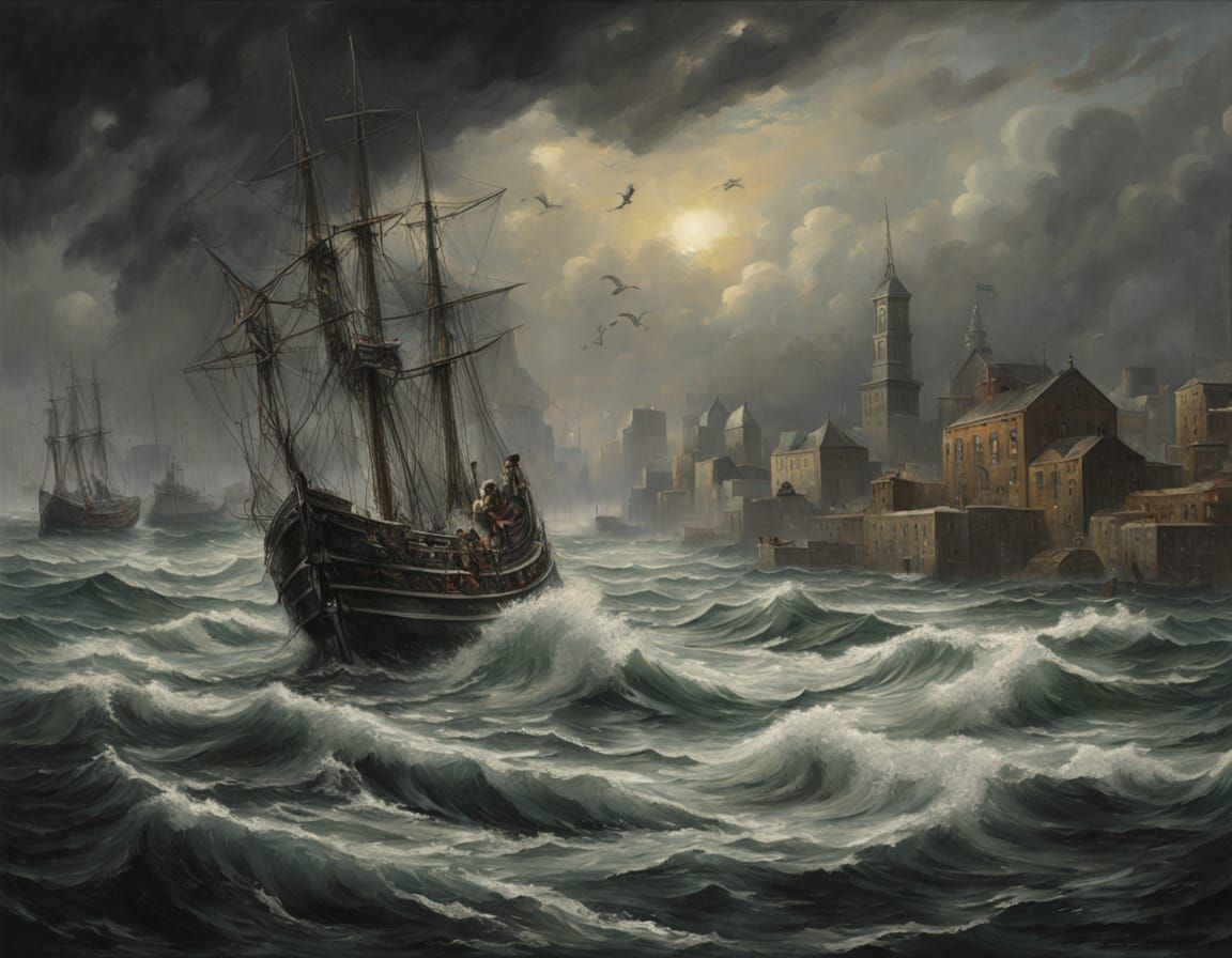 Renaissance Painting of Violent Seas Crashing on Gray City D...