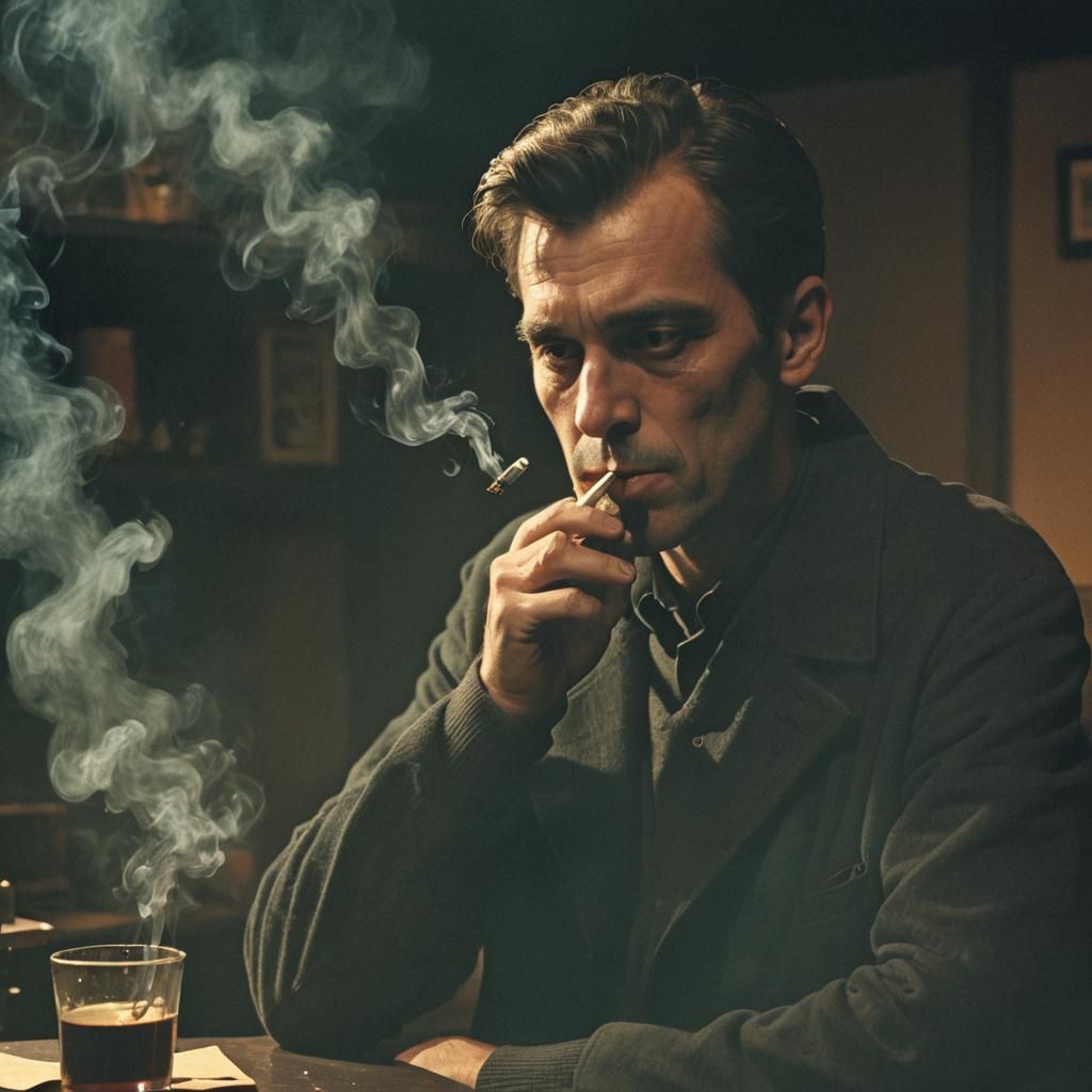 Cinematic Film Still of Addicted Man in Dimly Lit Room