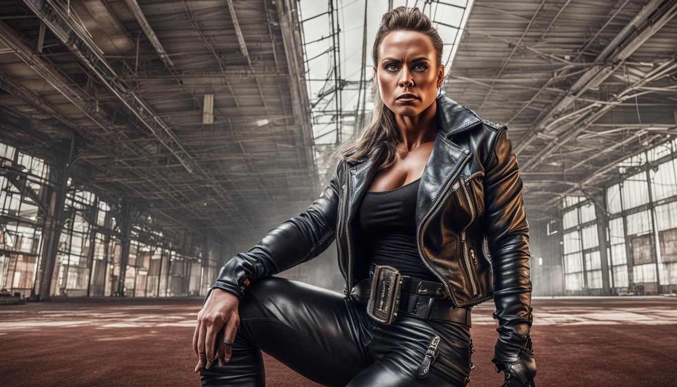 Powerful Female Bodybuilder in Leather Corset