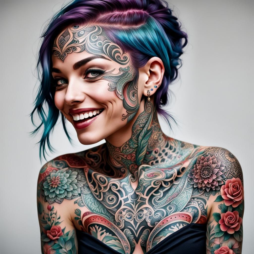Intricate Tattooed Woman Portrait Filled with Joy