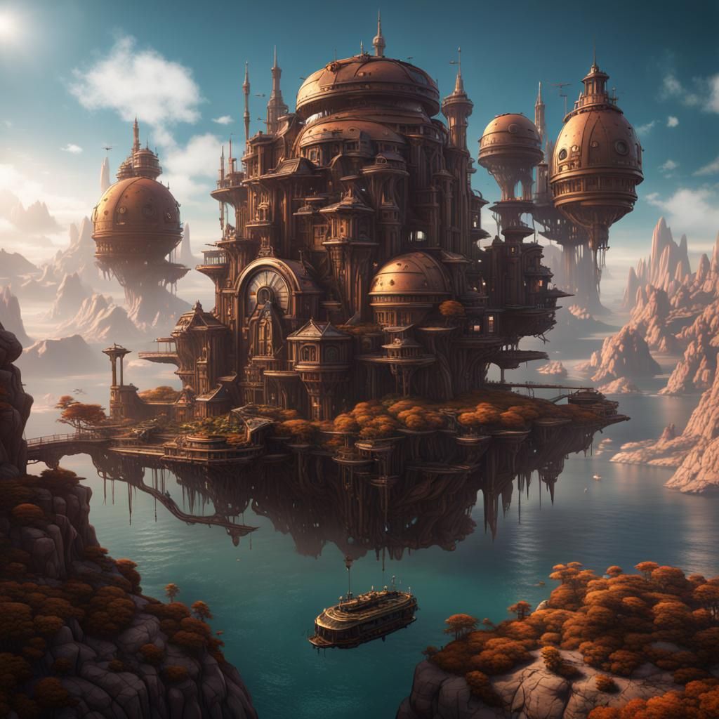Floating Islands and Steampunk Architecture in Alien World