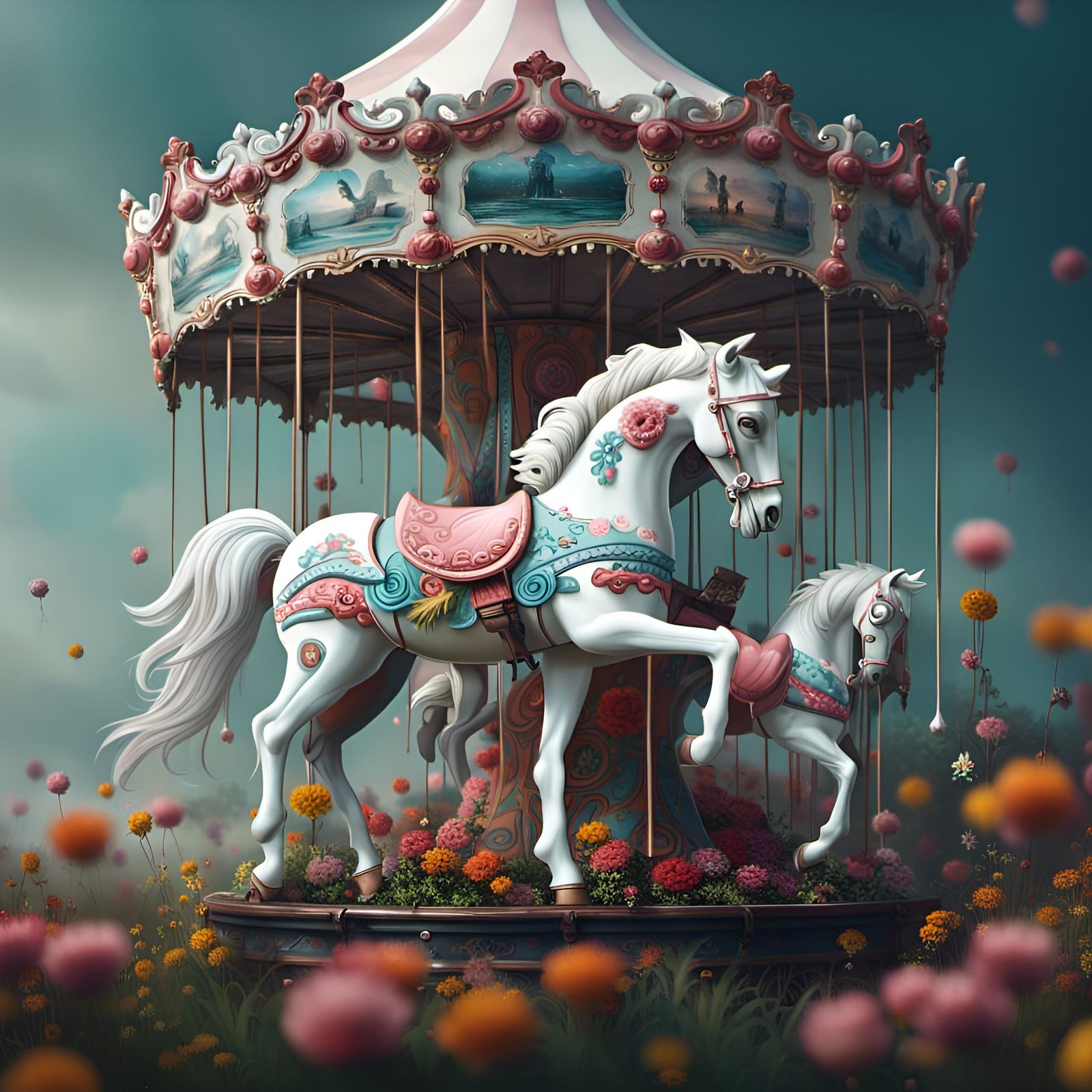 Dreamcore Carousel Horses in Hyperrealistic Diorama