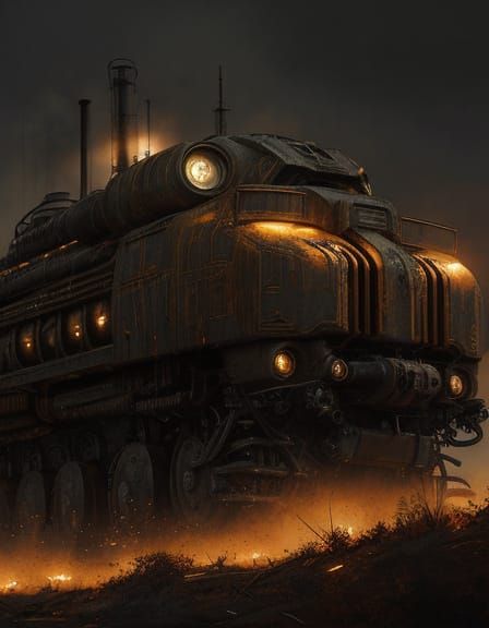 Rusty Mech Fortress in Grunge Oil Painting Style