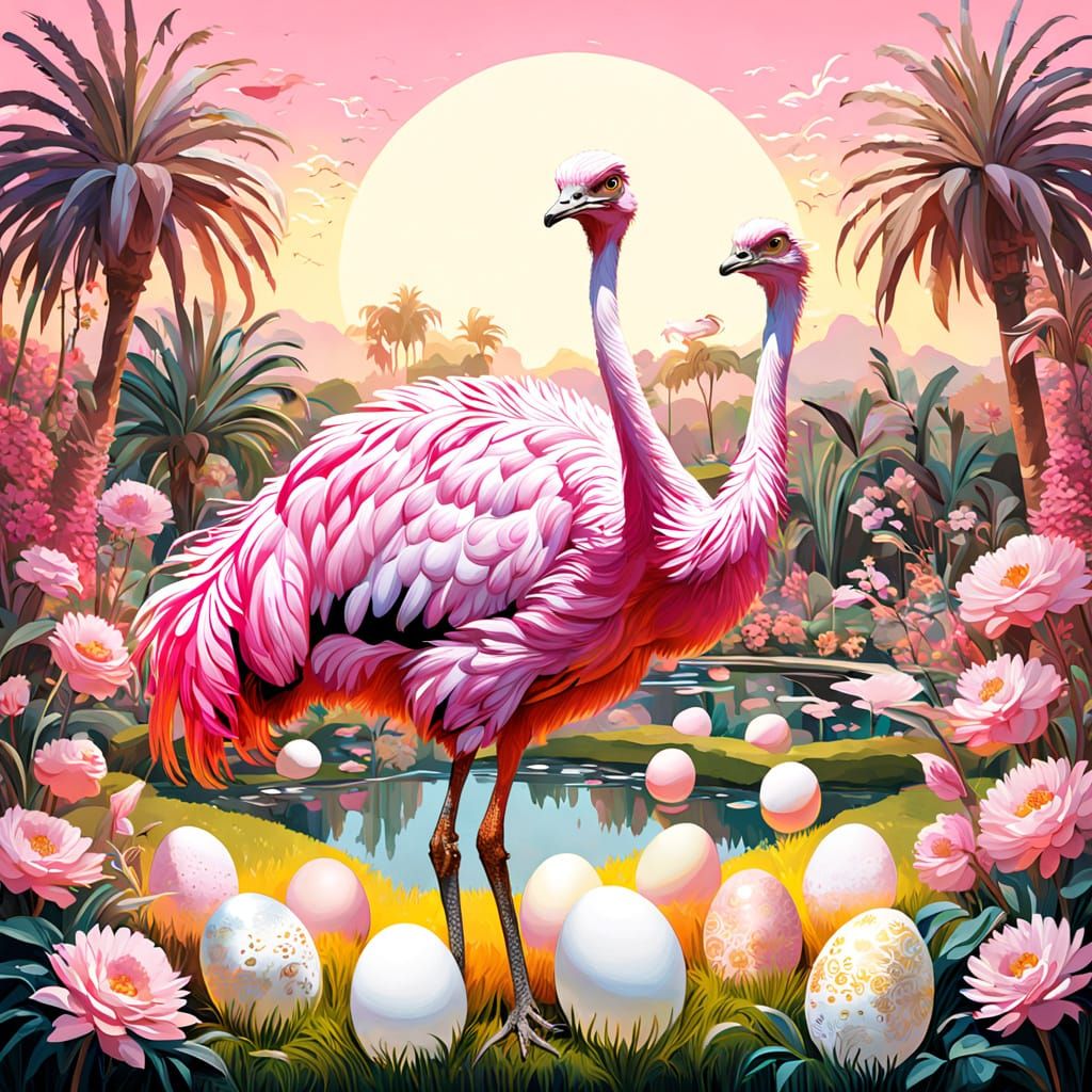 Pink Ostrich in Floral Garden Splash Art