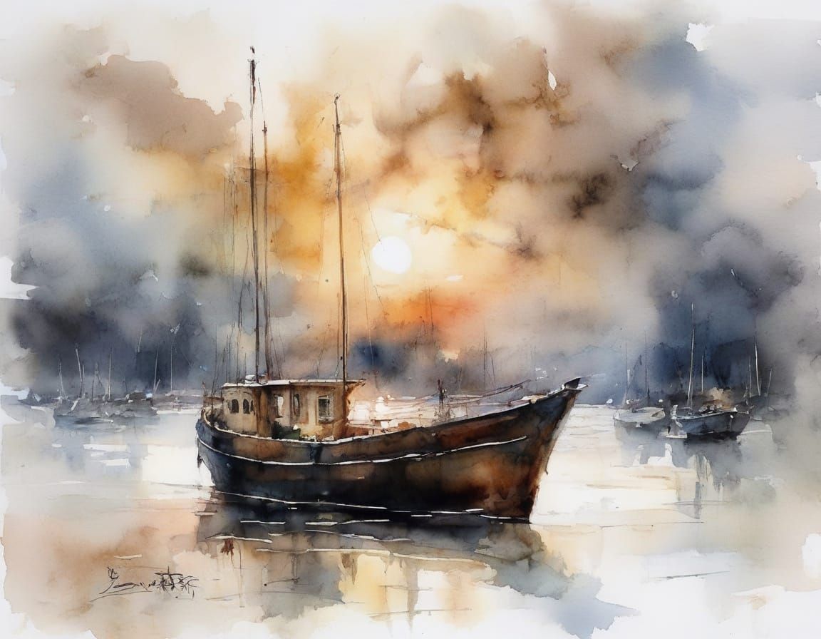 Old Boat at Dock at Sunset in Muted Winter Tones