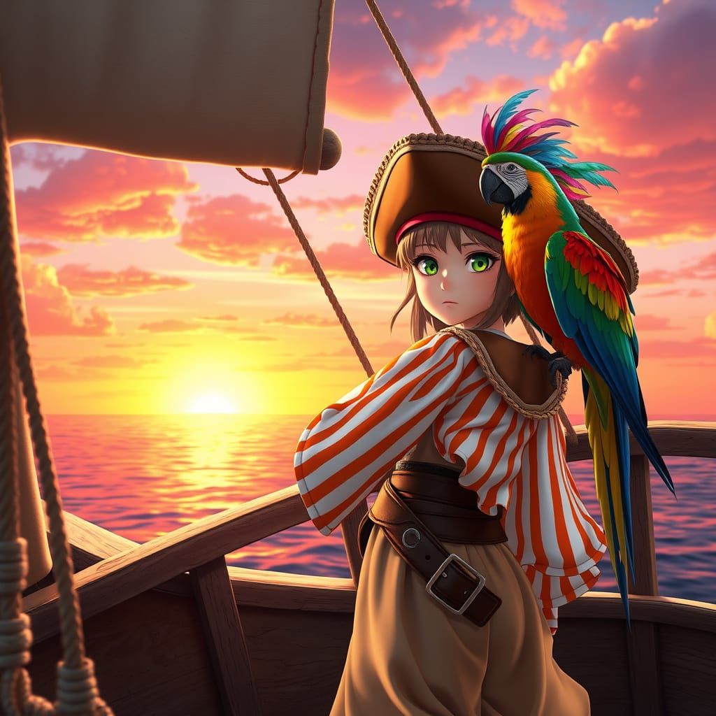 Vibrant Pirate Girl Gazing at Sunset Horizon in Anime-Inspir...