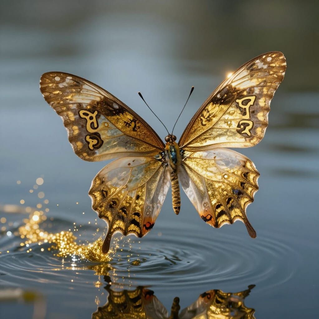 Fossilized Butterfly with Gold Adornments Flies Over Water