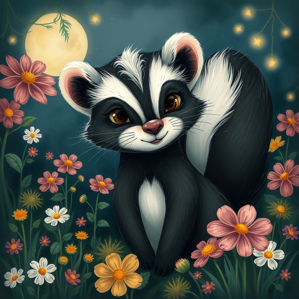 Whimsical Skunk in Enchanted Moonlit Garden