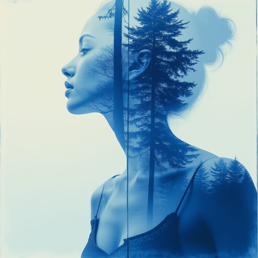 Ethereal Blue Glitched Double Exposure Cyanotype