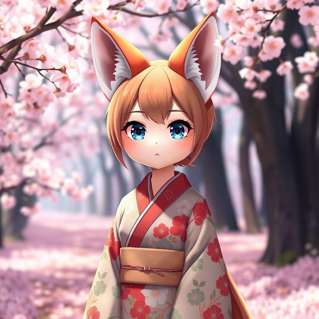Anime Fox Girl in Cherry Blossom Forest