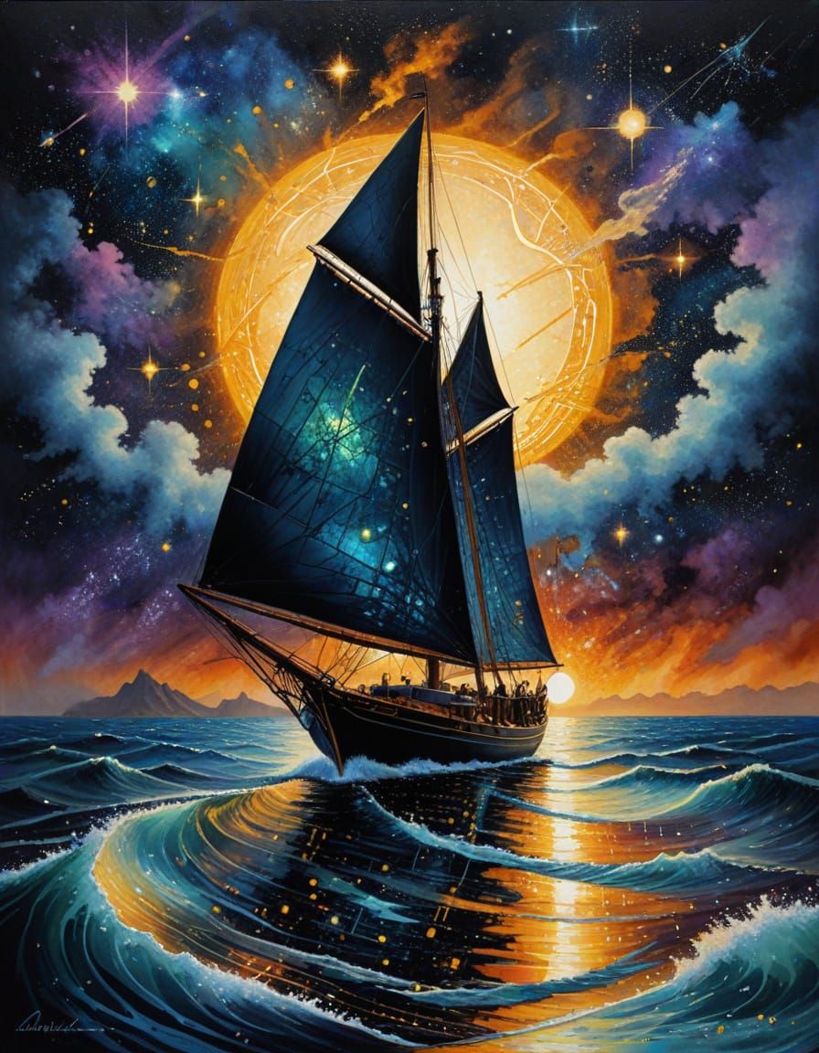 Sailboat Soars on Celestial Seas in Hyperrealistic Style