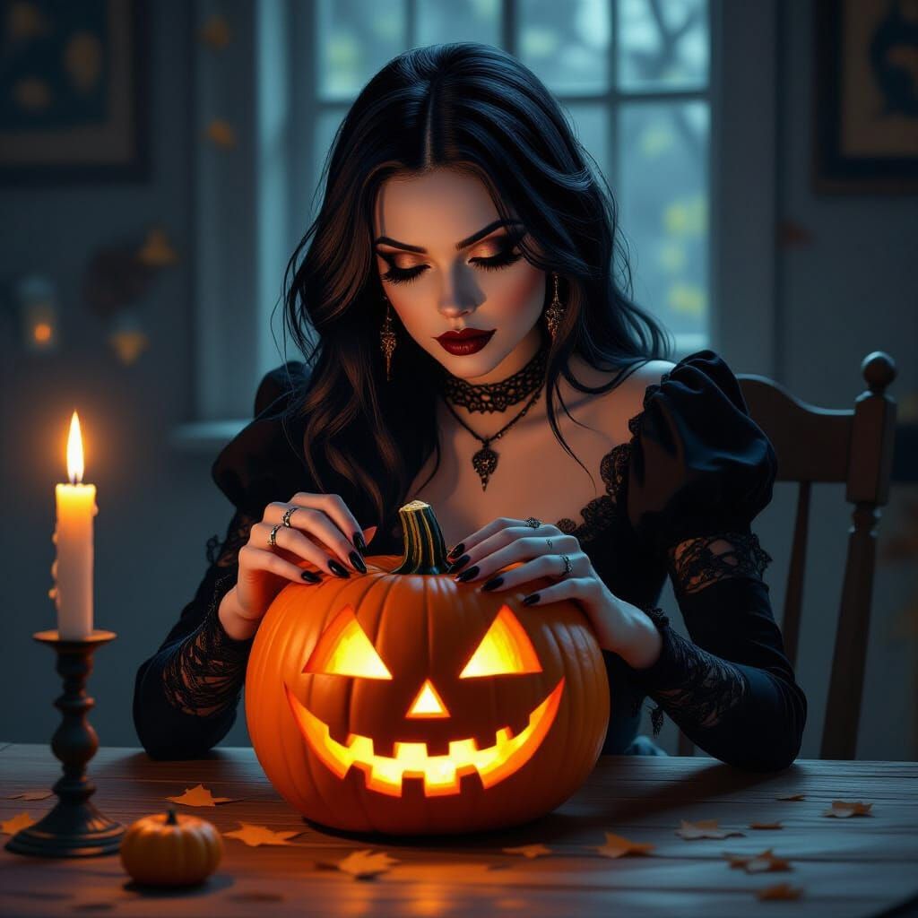 Gothic Woman Carving a Spooky Pumpkin by Candlelight