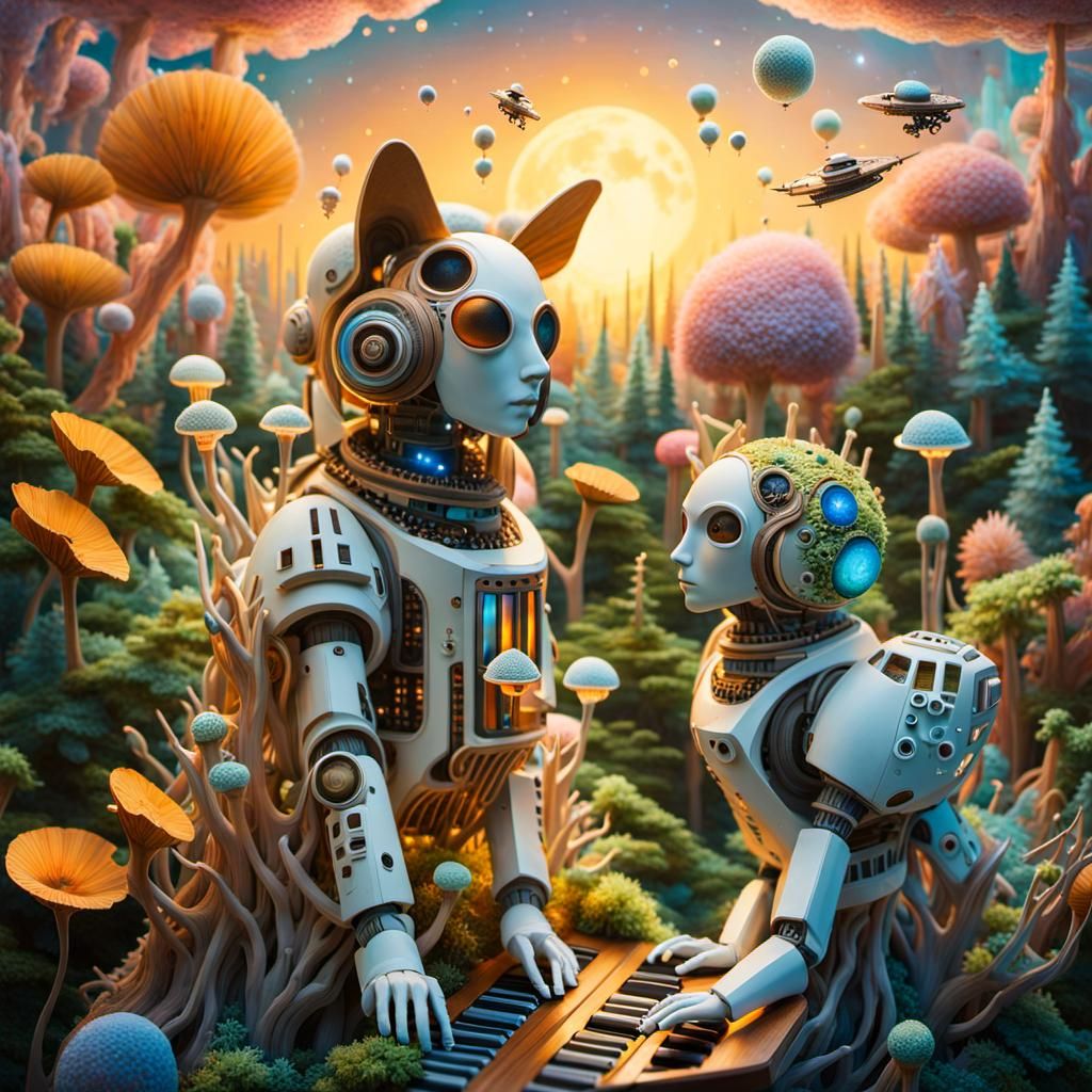 Ethereal Figures Compose Poems in Sunset Galaxy