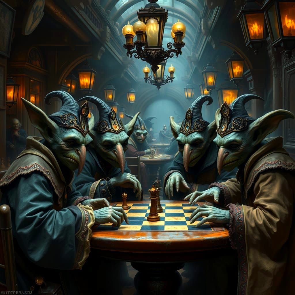 Hobgoblins Playing Chess in Goya Style