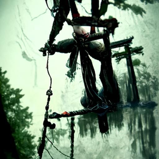 Shibari Suspension Over Forest River: Sinister Art