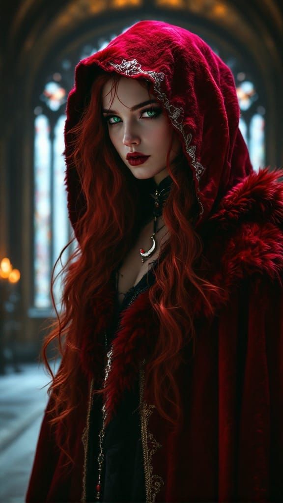 Ethereal Figure in Crimson Fur Cloak Poses in Gothic Hall