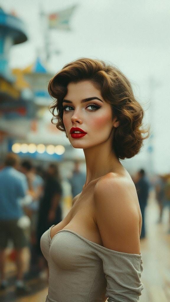 Melancholy Boardwalk Pin-Up in Digital Atmospheric Style