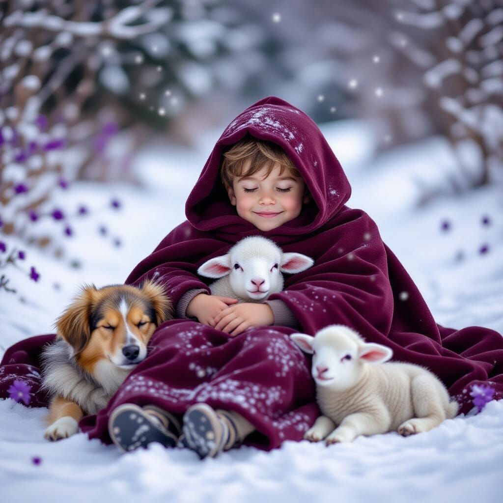 Boy Sleeping in Blanket with Lamb and Dog on Snowy Path