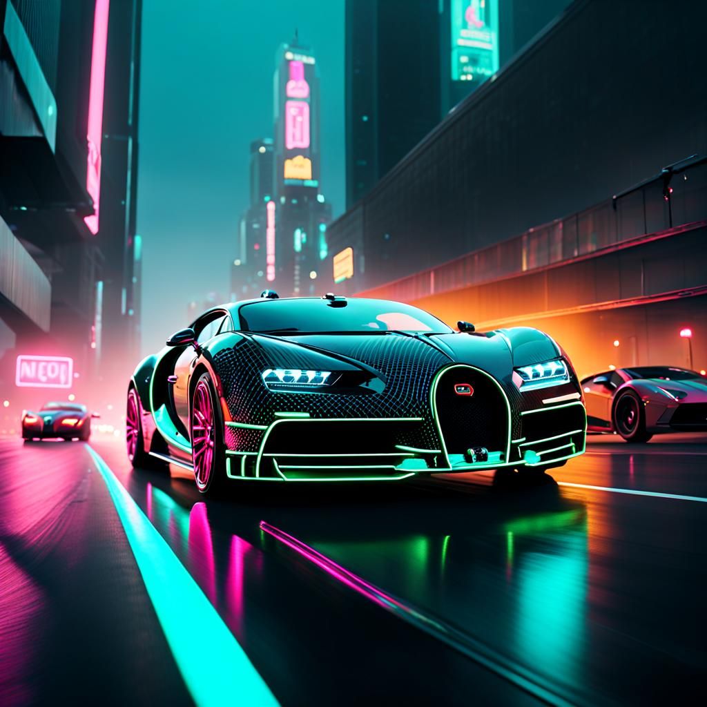 Neon Bugatti Chase in Futuristic Cityscape