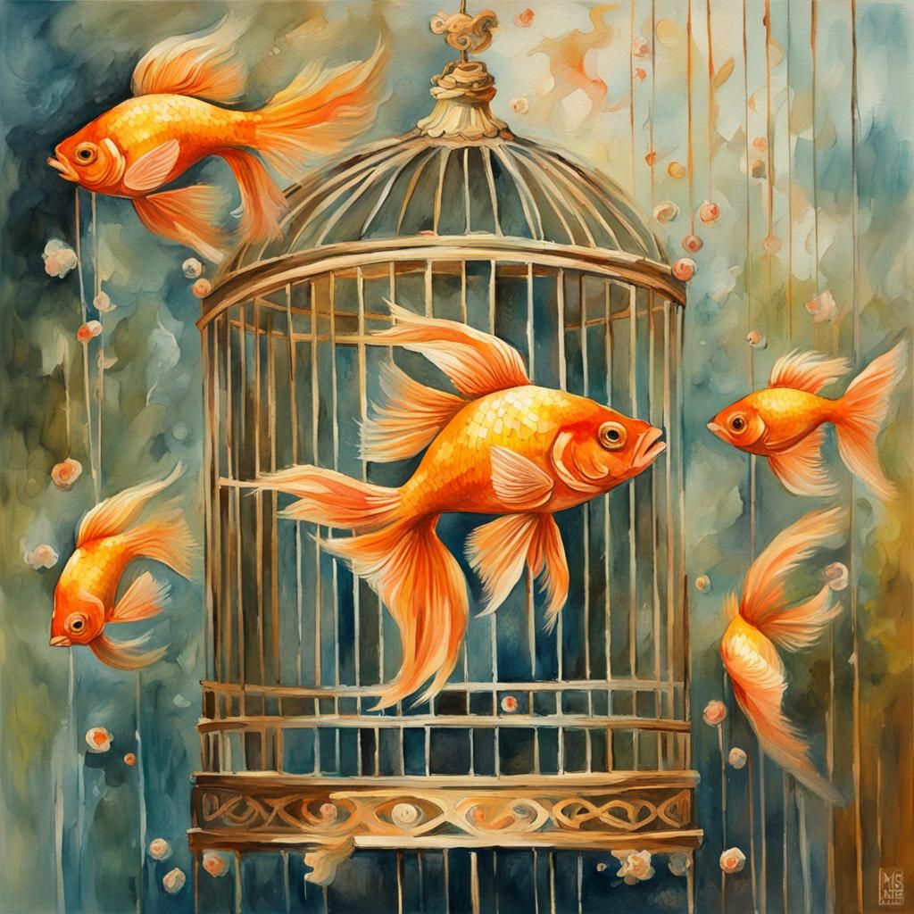Goldfish in Birdcage: Gouache and Watercolor Impressionist P...