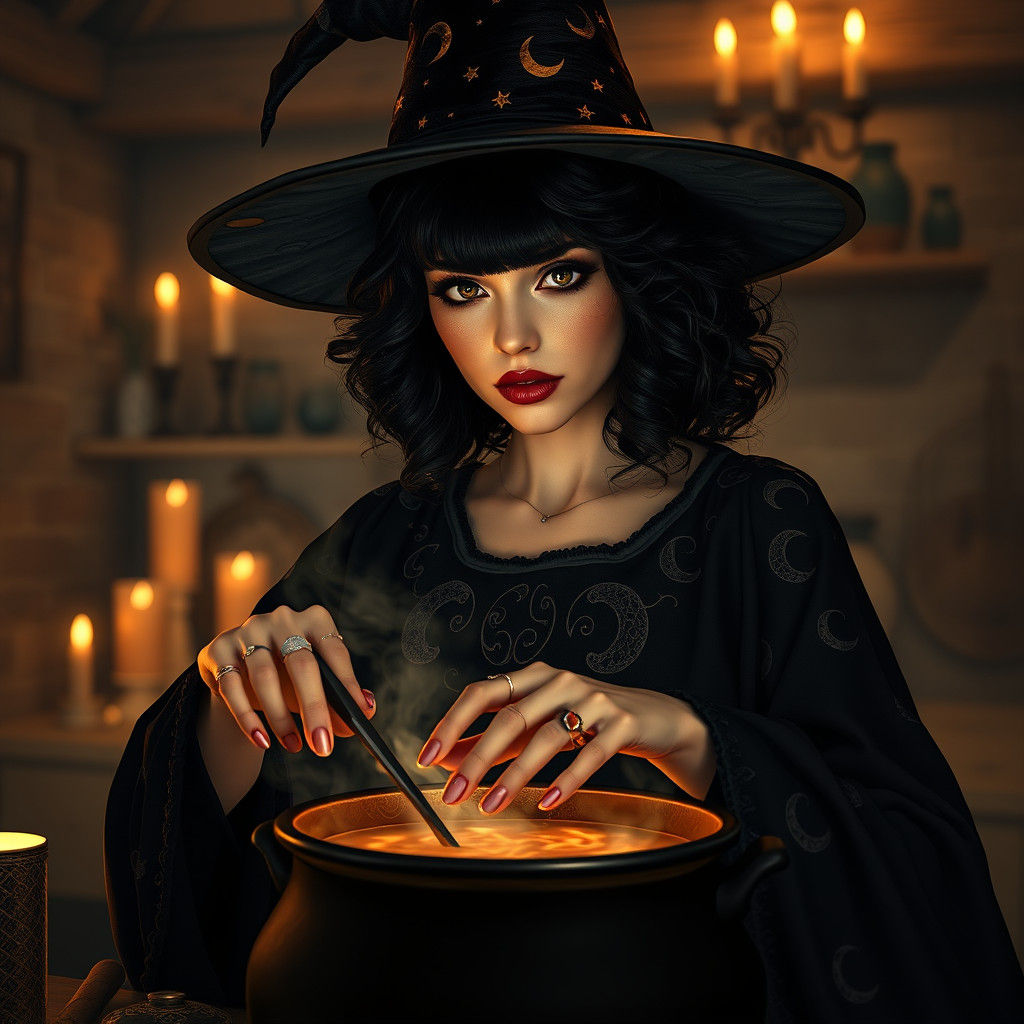 Enchanting Witch in Cozy Cottage Kitchen