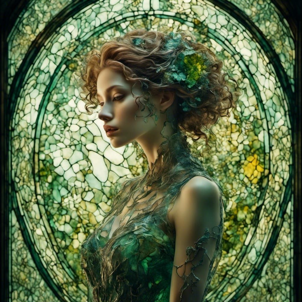Girl as Stained Glass Window with Green Tones