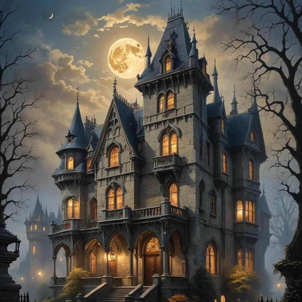 Ethereal Gothic Manor with Golden Moon