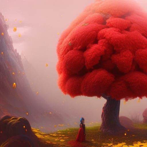 Woman and Red Tree in a Fantasy Landscape