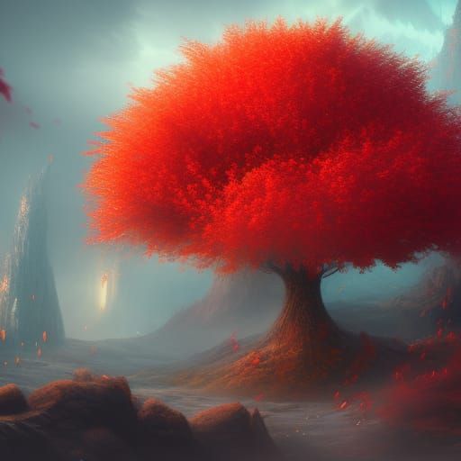 Red Tree, Long Hair, and Fog in Detailed Painting