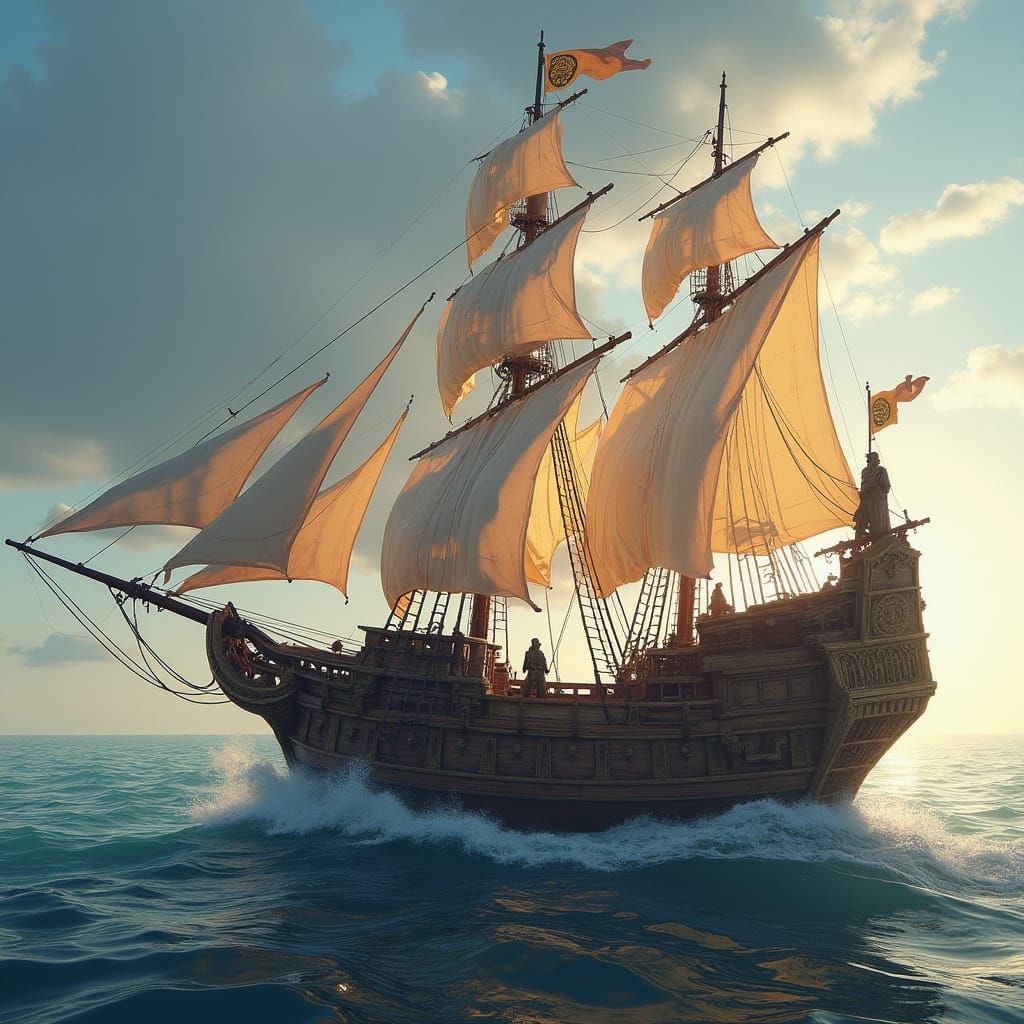 Fantasy Ship of Faith on Deep Ocean at Golden Hour