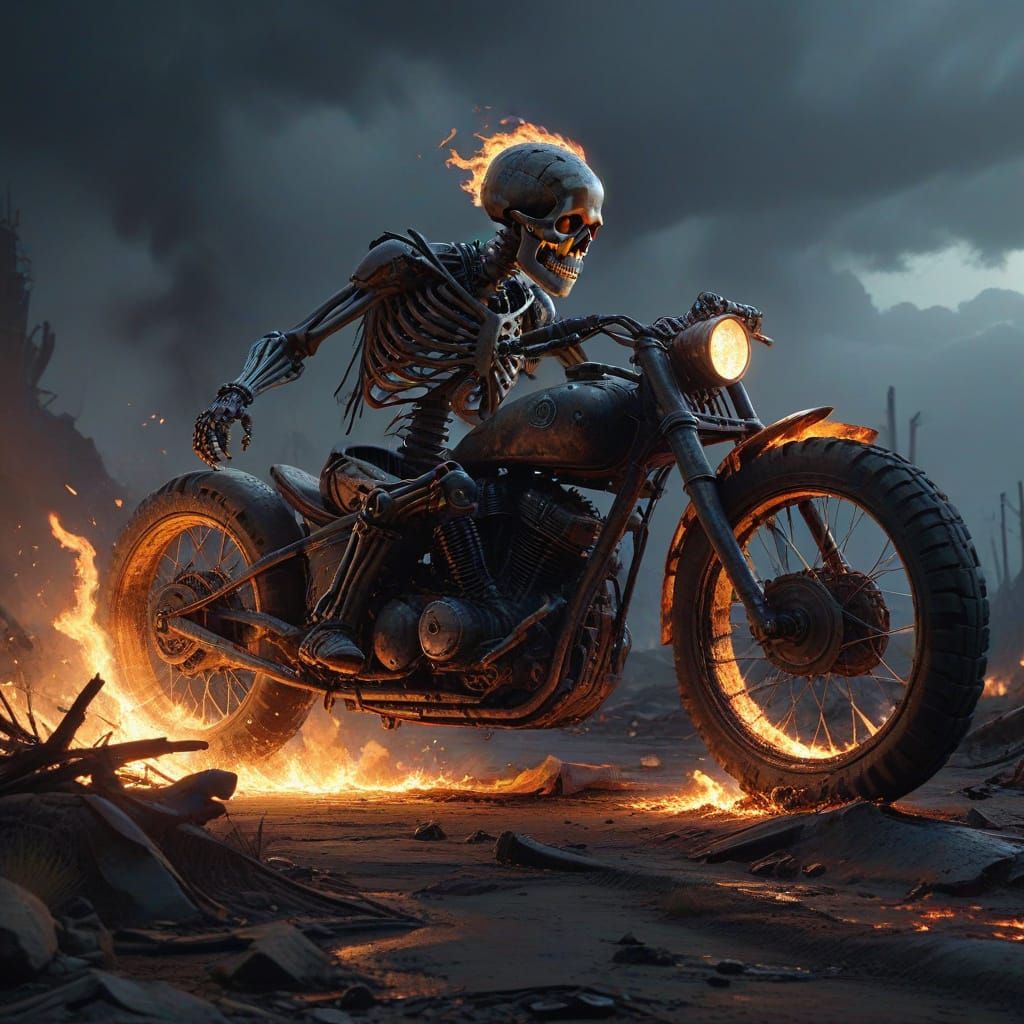 Grunge Skeleton Rides Haunting Motorcycle in Hyper-Realistic...