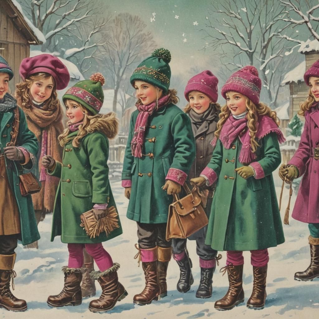 Vintage Postcard: Children in Winter with Snowflakes