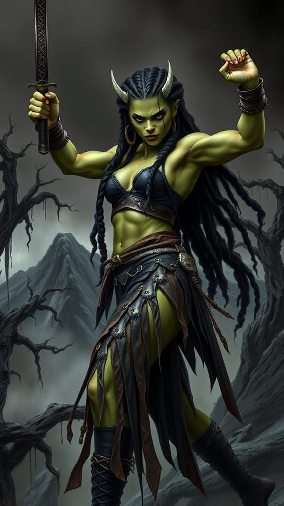 Mighty Greenskin Viking Warrior in Dark, Twisted Landscape