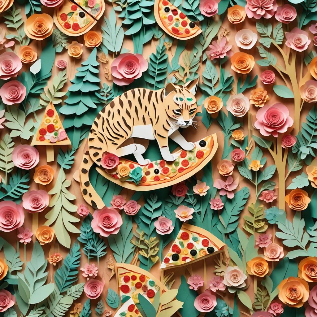 Big Cat Eats Pizza in Paper Art Forest