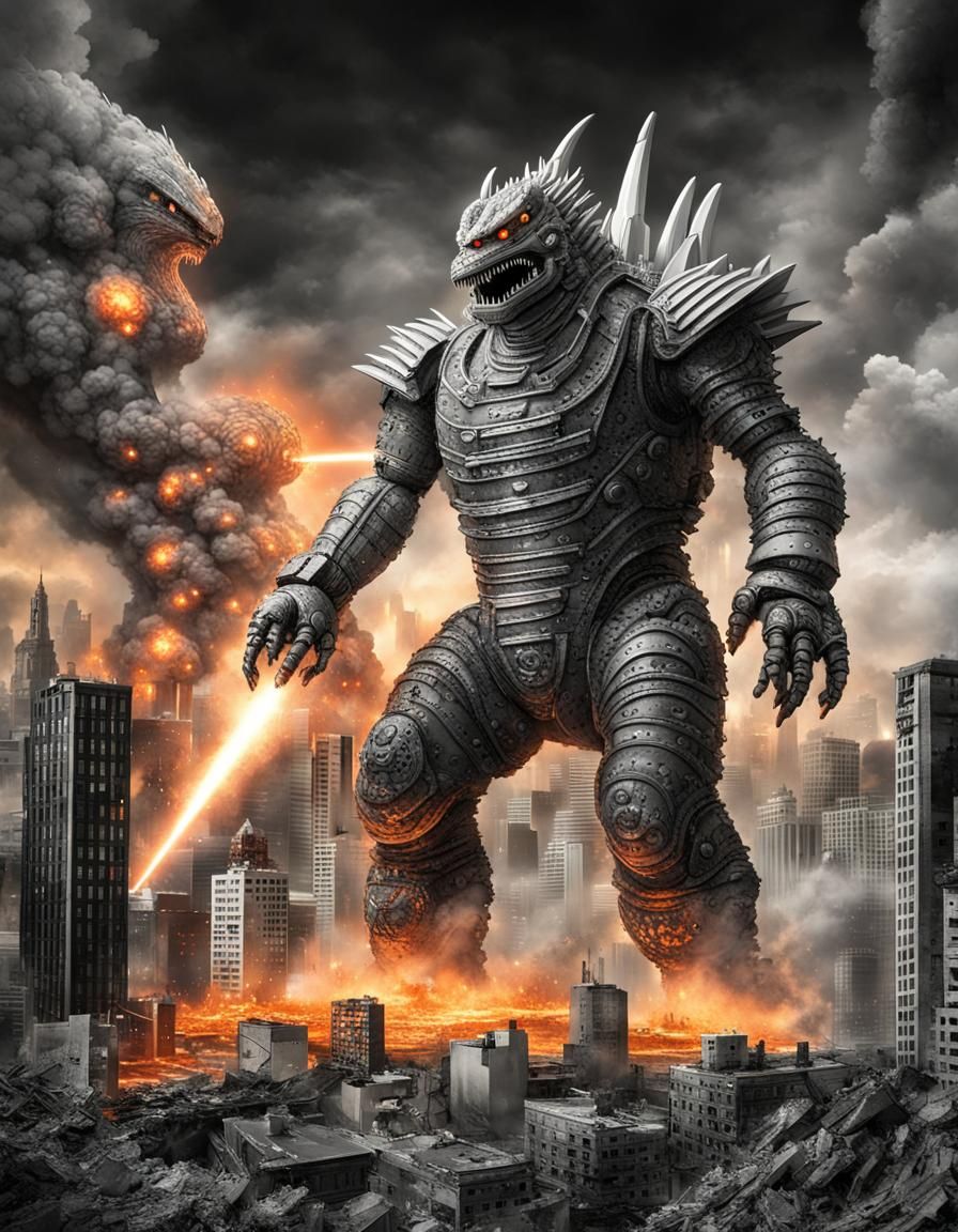 Mechagodzilla Destroys City in Black and White