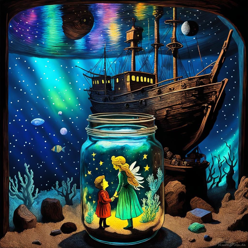 Underwater Shipwreck with Sea Goddess in Surreal Crayon Styl...